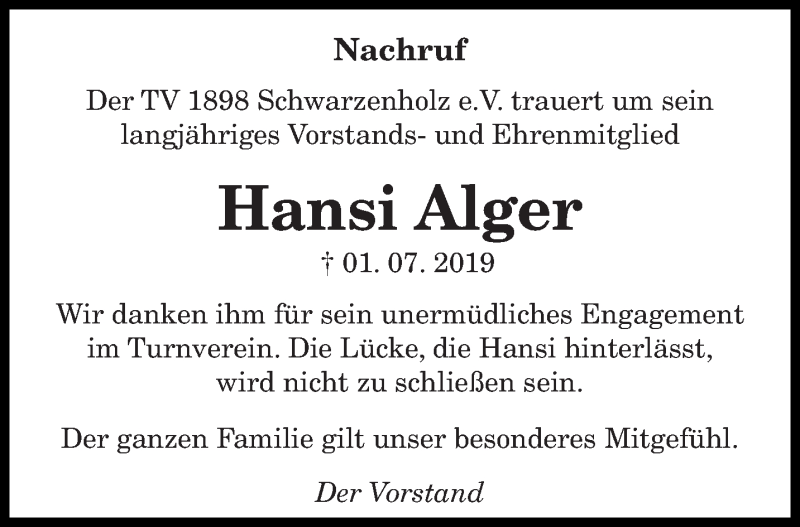  Traueranzeige für Hansi Alger vom 13.07.2019 aus saarbruecker_zeitung