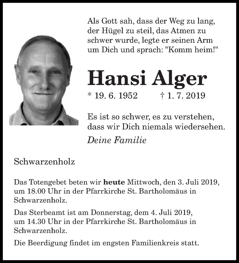  Traueranzeige für Hansi Alger vom 03.07.2019 aus saarbruecker_zeitung