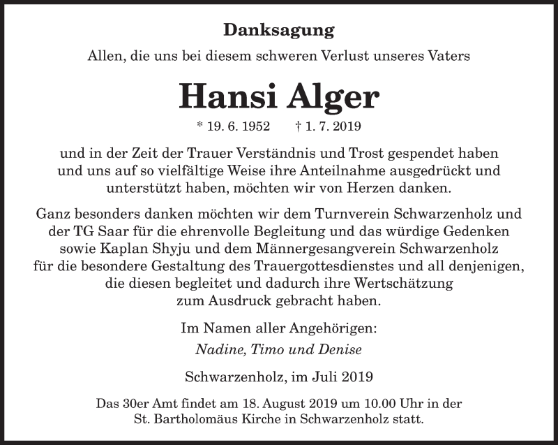  Traueranzeige für Hansi Alger vom 27.07.2019 aus saarbruecker_zeitung