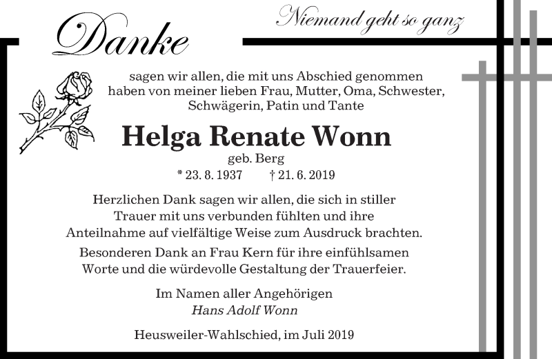  Traueranzeige für Helga Renate Wonn vom 20.07.2019 aus saarbruecker_zeitung