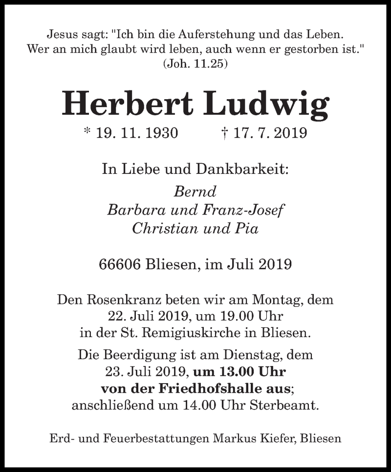  Traueranzeige für Herbert Ludwig vom 20.07.2019 aus saarbruecker_zeitung