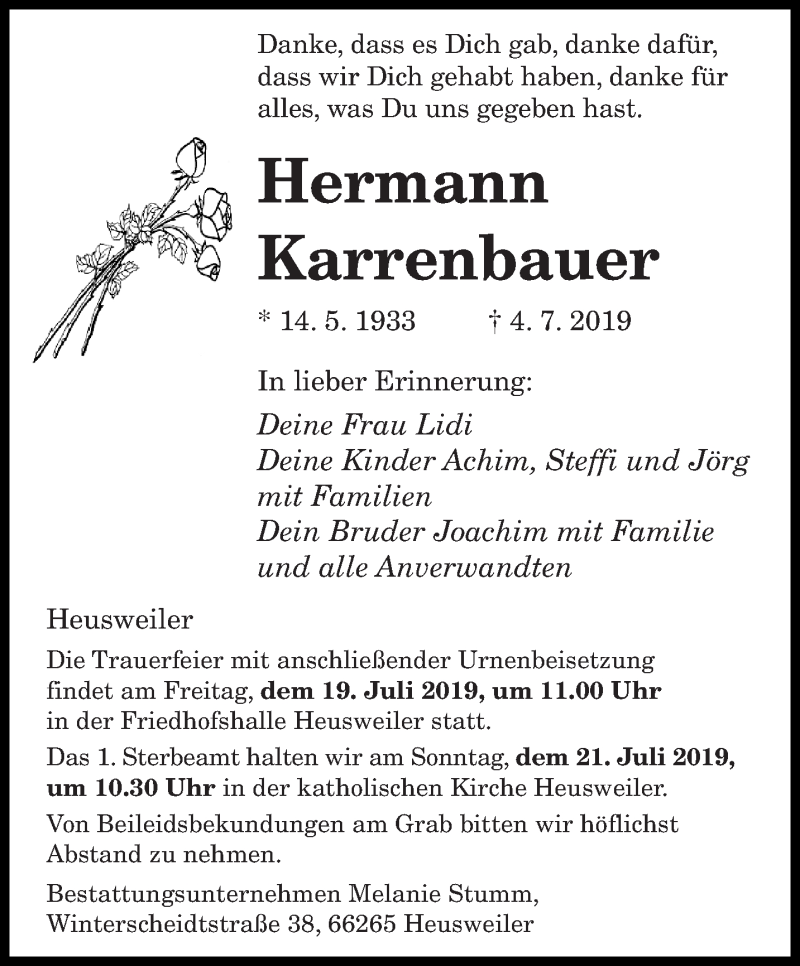  Traueranzeige für Hermann Karrenbauer vom 16.07.2019 aus saarbruecker_zeitung