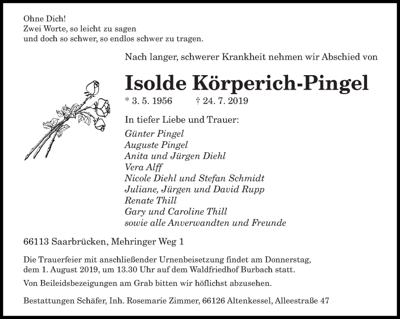  Traueranzeige für Isolde Körperich-Pingel vom 27.07.2019 aus saarbruecker_zeitung
