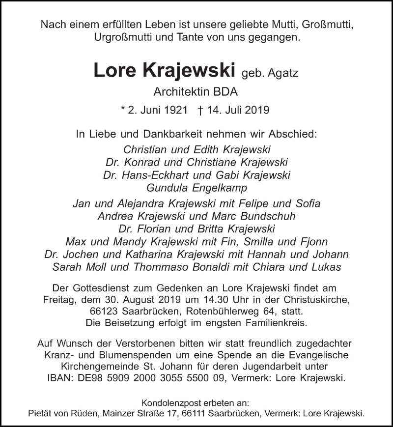  Traueranzeige für Lore Krajewski vom 20.07.2019 aus saarbruecker_zeitung