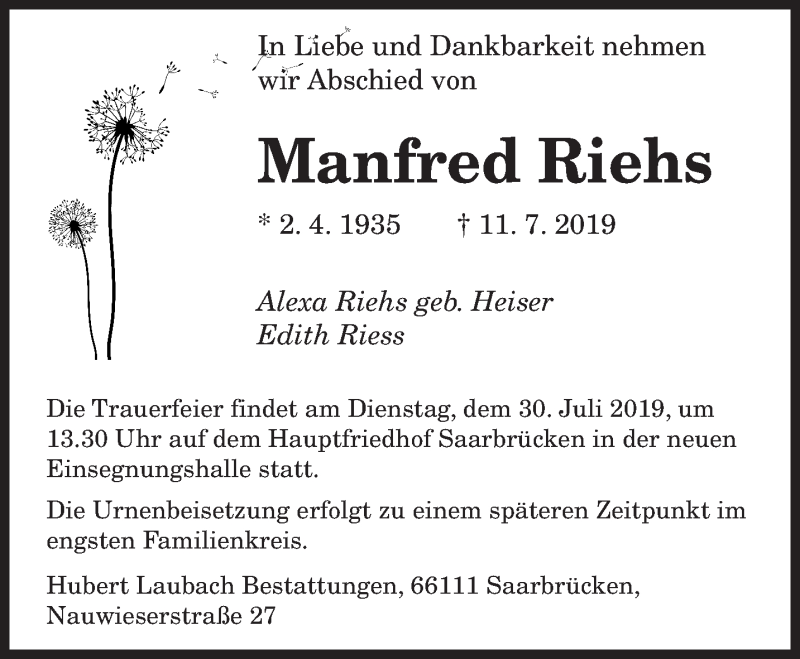  Traueranzeige für Manfred Riehs vom 20.07.2019 aus saarbruecker_zeitung