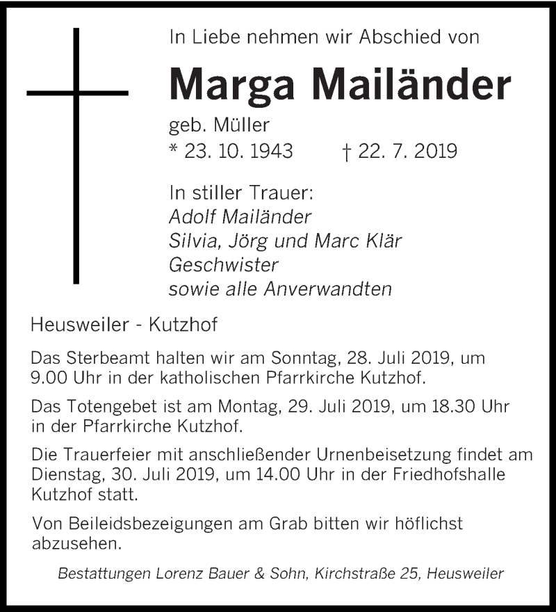  Traueranzeige für Marga Mailänder vom 26.07.2019 aus saarbruecker_zeitung