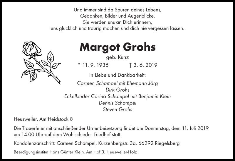  Traueranzeige für Margot Grohs vom 06.07.2019 aus saarbruecker_zeitung