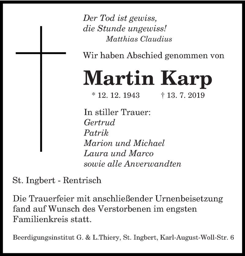  Traueranzeige für Martin Karp vom 25.07.2019 aus saarbruecker_zeitung