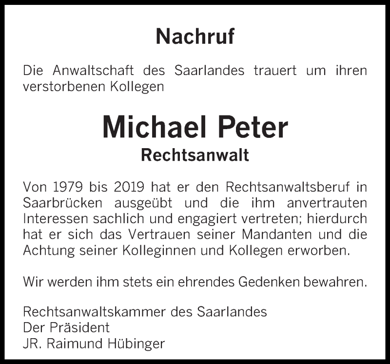  Traueranzeige für Michael Peter vom 13.07.2019 aus saarbruecker_zeitung