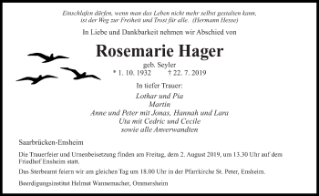 Traueranzeige von Rosemarie Hager von saarbruecker_zeitung