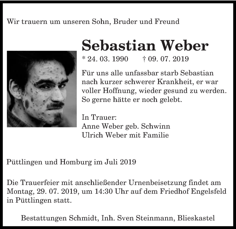  Traueranzeige für Sebastian Weber vom 27.07.2019 aus saarbruecker_zeitung