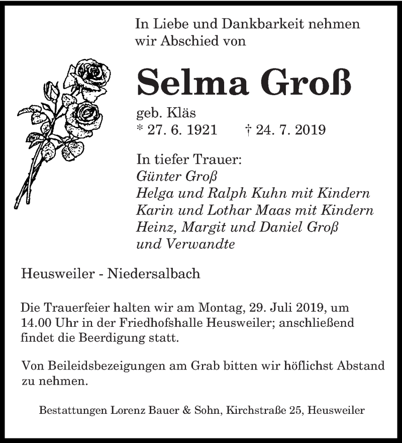  Traueranzeige für Selma Groß vom 26.07.2019 aus saarbruecker_zeitung