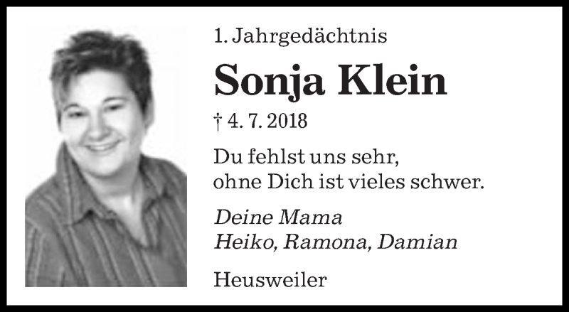  Traueranzeige für Sonja Klein vom 04.07.2019 aus saarbruecker_zeitung