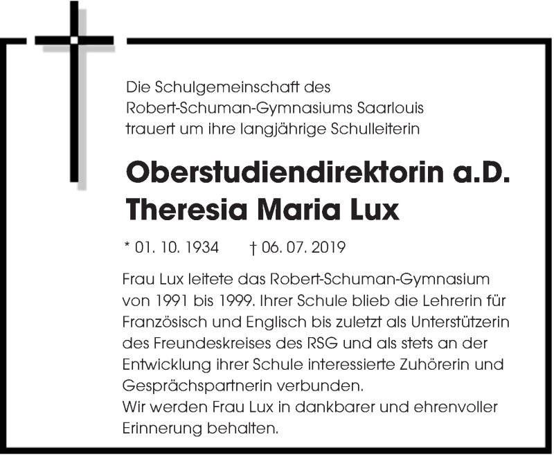  Traueranzeige für Theresia Maria Lux vom 20.07.2019 aus saarbruecker_zeitung