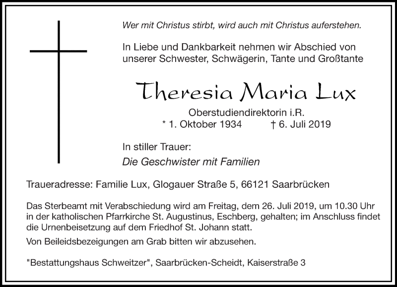  Traueranzeige für Theresia Maria Lux vom 13.07.2019 aus saarbruecker_zeitung