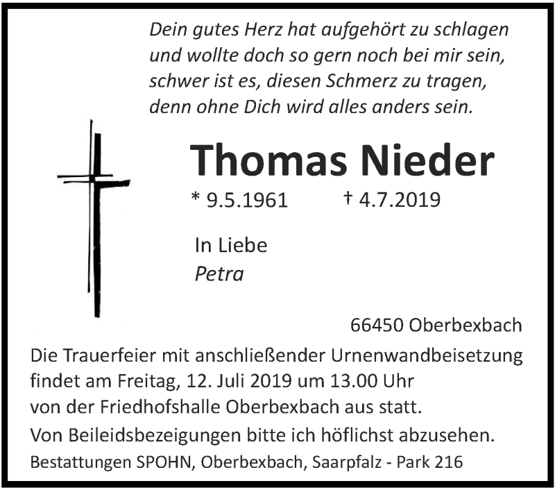  Traueranzeige für Thomas Nieder vom 08.07.2019 aus saarbruecker_zeitung