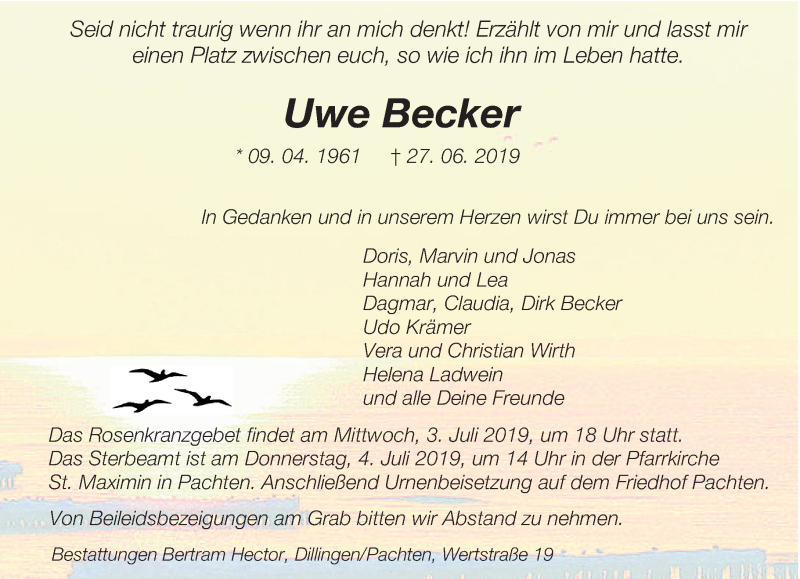  Traueranzeige für Uwe Becker vom 01.07.2019 aus saarbruecker_zeitung