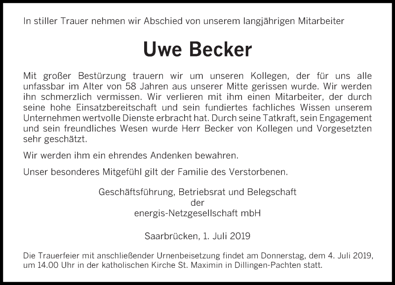  Traueranzeige für Uwe Becker vom 03.07.2019 aus saarbruecker_zeitung