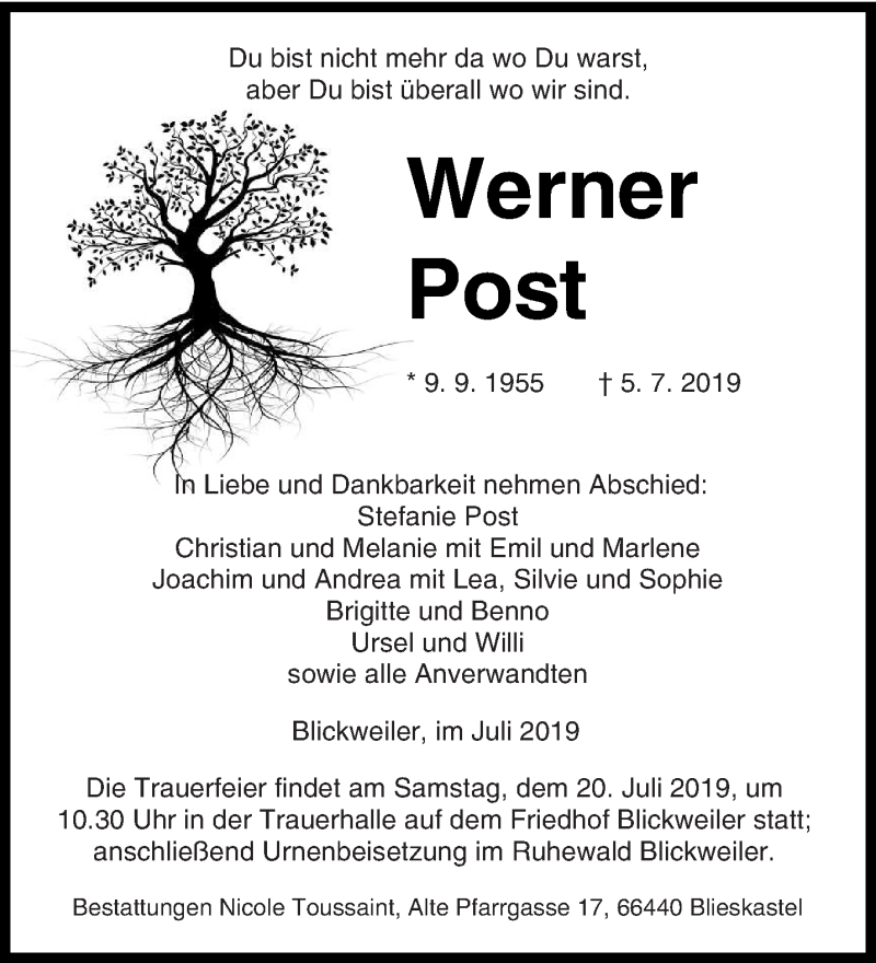  Traueranzeige für Werner Post vom 13.07.2019 aus saarbruecker_zeitung