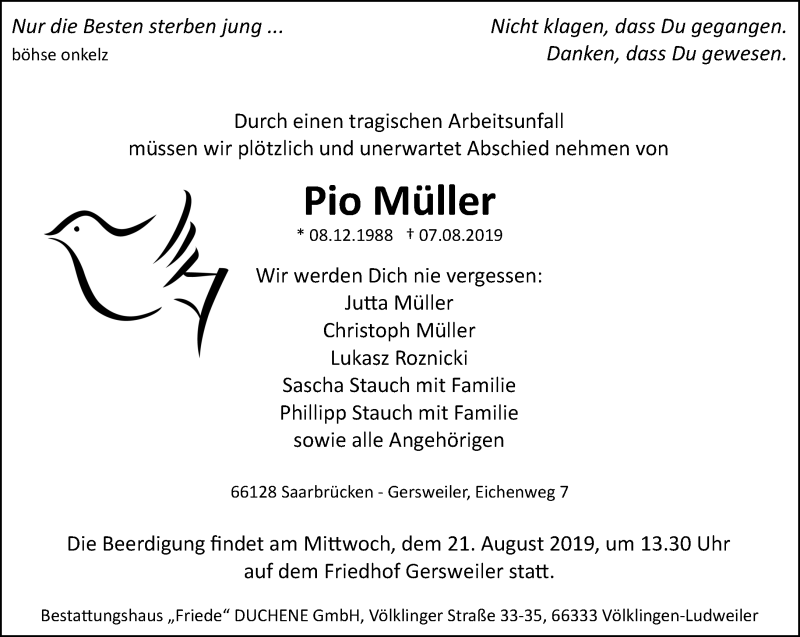  Traueranzeige für Pio Müller vom 19.08.2019 aus saarbruecker_zeitung