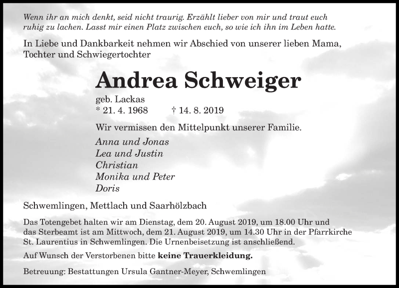  Traueranzeige für Andrea Schweiger vom 19.08.2019 aus saarbruecker_zeitung