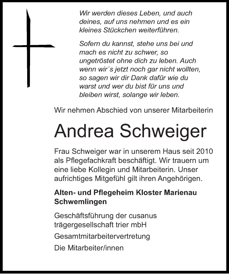  Traueranzeige für Andrea Schweiger vom 19.08.2019 aus saarbruecker_zeitung