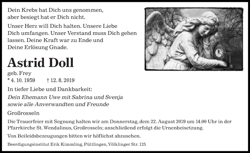  Traueranzeige für Astrid Doll vom 17.08.2019 aus saarbruecker_zeitung