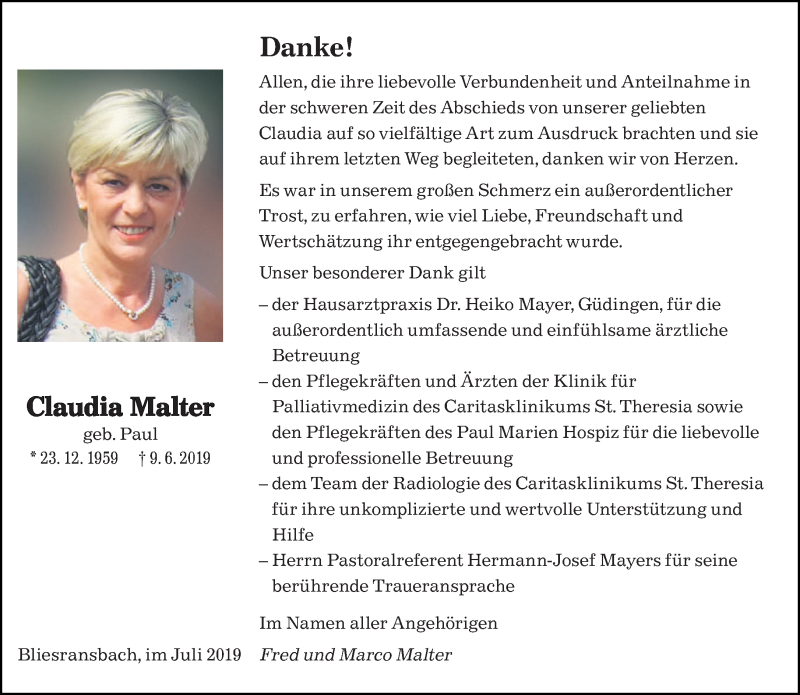  Traueranzeige für Claudia Malter vom 03.08.2019 aus saarbruecker_zeitung