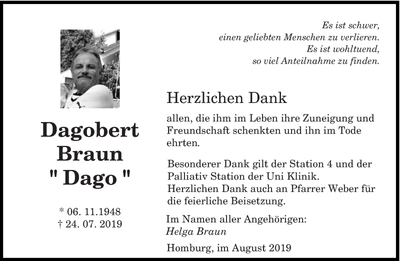  Traueranzeige für Dagobert Braun vom 24.08.2019 aus saarbruecker_zeitung