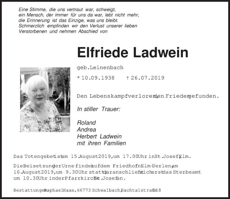  Traueranzeige für Elfriede Ladwein vom 10.08.2019 aus saarbruecker_zeitung