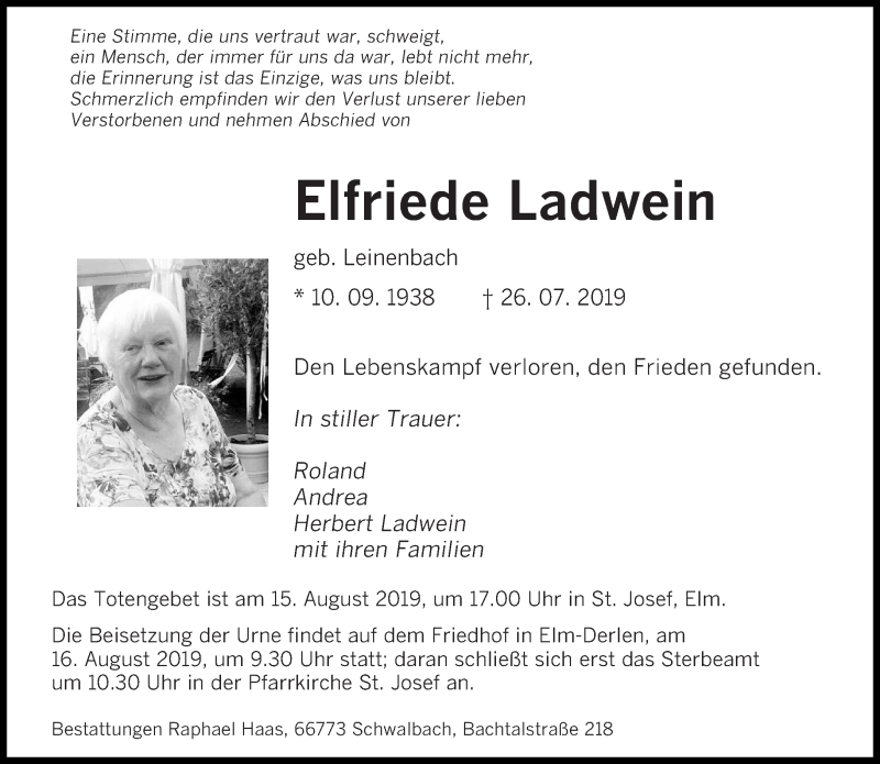  Traueranzeige für Elfriede Ladwein vom 13.08.2019 aus saarbruecker_zeitung