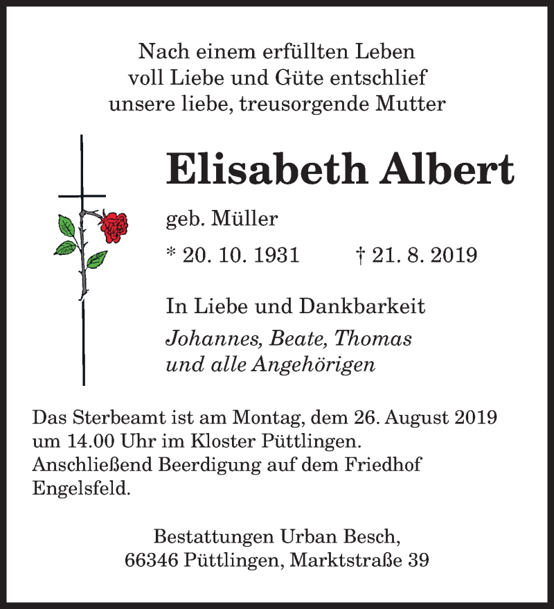  Traueranzeige für Elisabeth Albert vom 24.08.2019 aus saarbruecker_zeitung