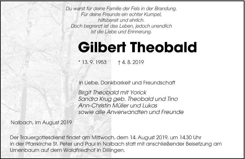  Traueranzeige für Gilbert Theobald vom 10.08.2019 aus saarbruecker_zeitung