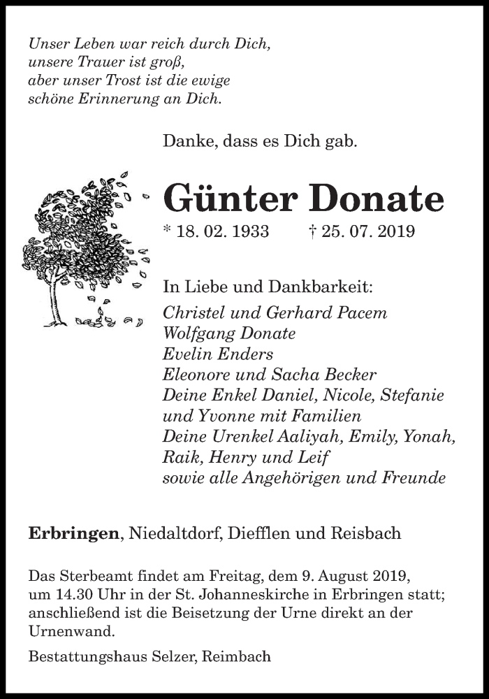  Traueranzeige für Günter Donate vom 31.07.2019 aus saarbruecker_zeitung