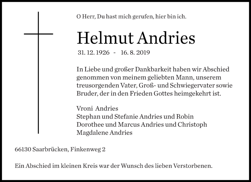  Traueranzeige für Helmut Andries vom 24.08.2019 aus saarbruecker_zeitung