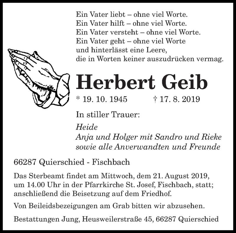  Traueranzeige für Herbert Geib vom 19.08.2019 aus saarbruecker_zeitung