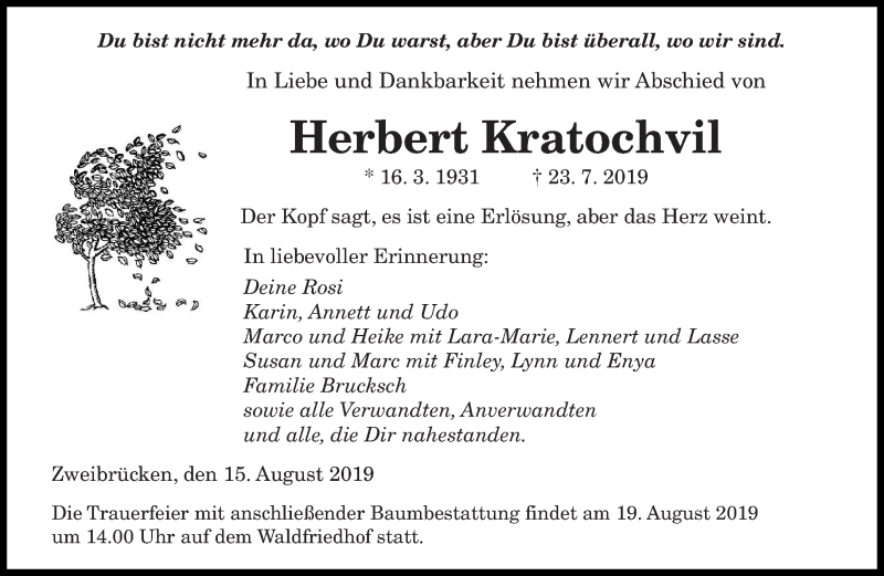 Traueranzeige für Herbert Kratochvil vom 15.08.2019 aus saarbruecker_zeitung