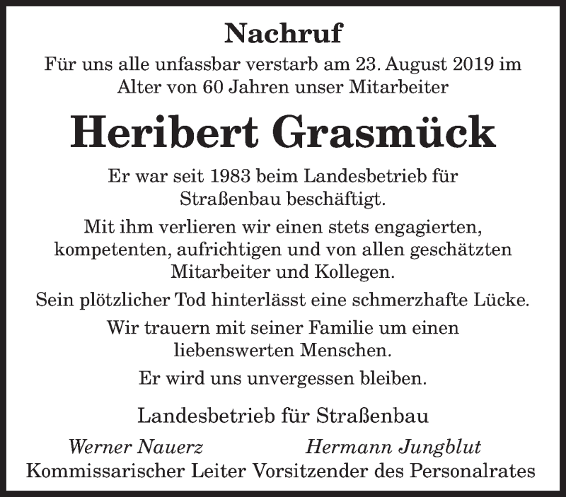  Traueranzeige für Heribert Grasmück vom 29.08.2019 aus saarbruecker_zeitung