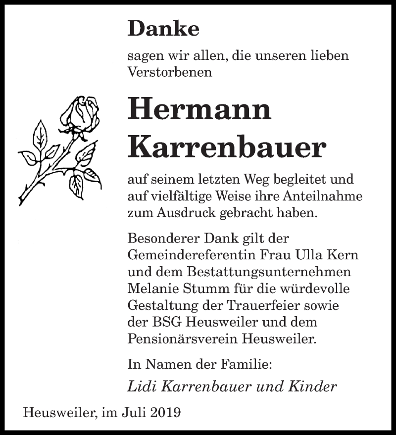  Traueranzeige für Hermann Karrenbauer vom 31.07.2019 aus saarbruecker_zeitung