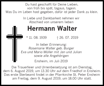 Traueranzeige von Hermann Walter von saarbruecker_zeitung