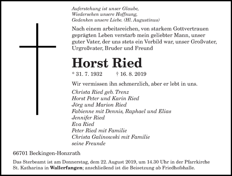  Traueranzeige für Horst Ried vom 20.08.2019 aus saarbruecker_zeitung