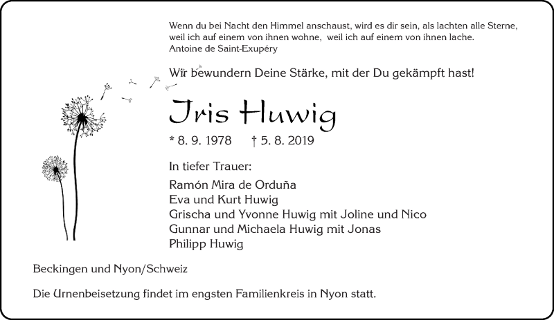  Traueranzeige für Iris Huwig vom 13.08.2019 aus saarbruecker_zeitung