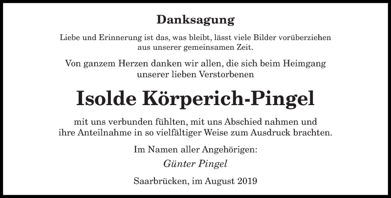  Traueranzeige für Isolde Körperich-Pingel vom 10.08.2019 aus saarbruecker_zeitung