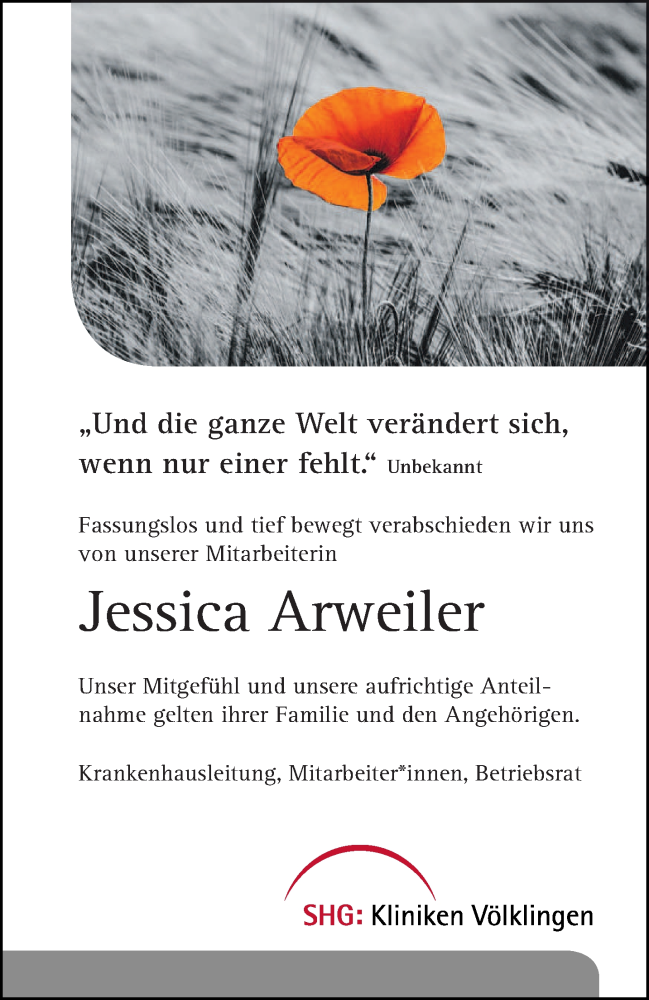  Traueranzeige für Jessica Arweiler vom 24.08.2019 aus saarbruecker_zeitung