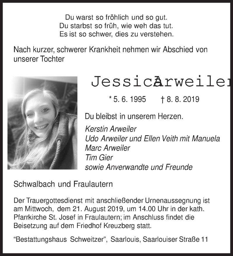  Traueranzeige für Jessica Arweiler vom 14.08.2019 aus saarbruecker_zeitung