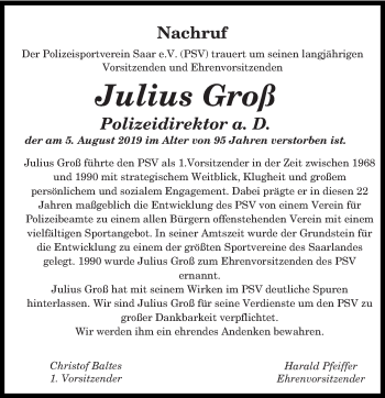 Traueranzeige von Julius Groß von saarbruecker_zeitung