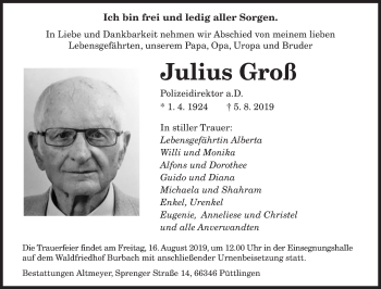 Traueranzeige von Julius Groß von saarbruecker_zeitung