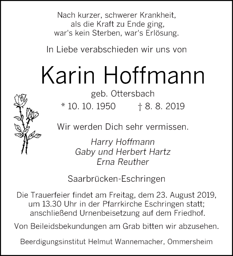  Traueranzeige für Karin Hoffmann vom 17.08.2019 aus saarbruecker_zeitung