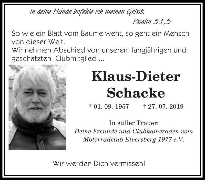  Traueranzeige für Klaus-Dieter Schacke vom 03.08.2019 aus saarbruecker_zeitung