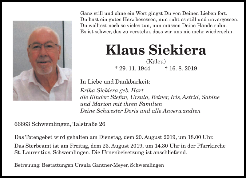  Traueranzeige für Klaus Siekiera vom 19.08.2019 aus saarbruecker_zeitung